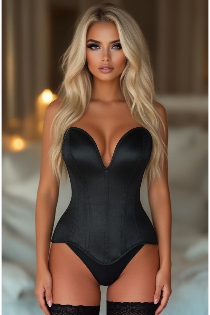 Daisy Corsets Top Drawer Steel Boned Black Satin Plunge Neckline Overbust Corset