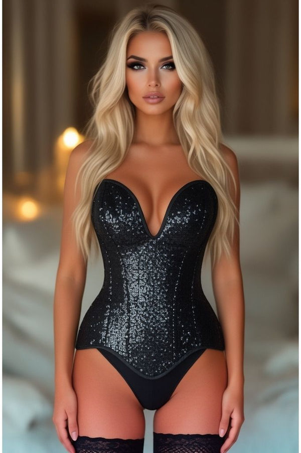 Daisy Corsets Top Drawer Steel Boned Black Sequin Plunge Neckline Overbust Corset