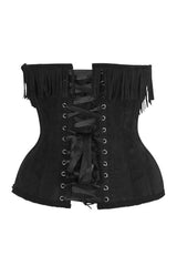 Daisy Top Drawer Steel Boned Black Suede Underwire Underbust Corset Cincher w/ Fringe
