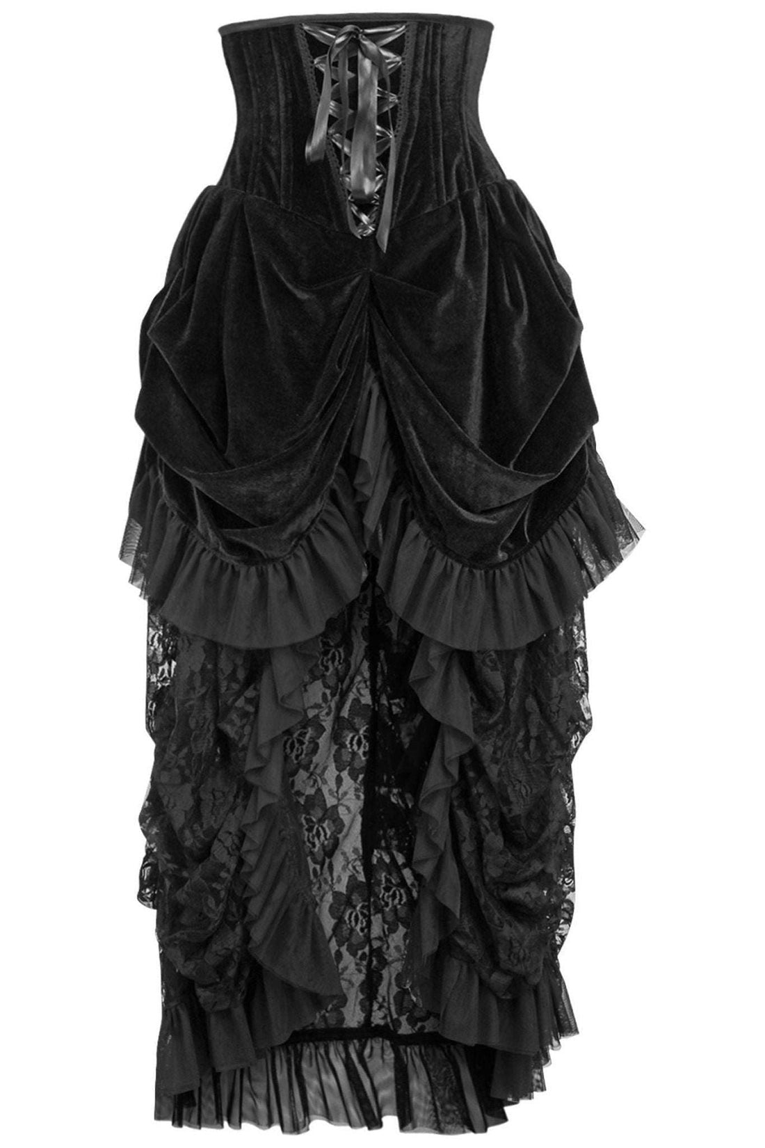 Top Drawer Steel Boned Black Velvet Victorian Bustle Underbust Corset Dress - Daisy Corsets