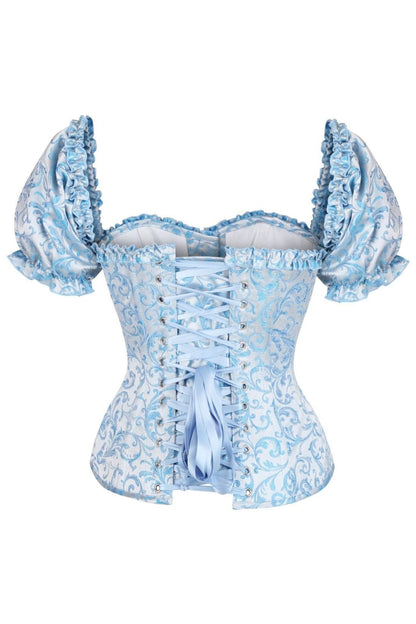 Top Drawer Steel Boned Blue Brocade Overbust Corset Top w/Sleeves - Daisy Corsets