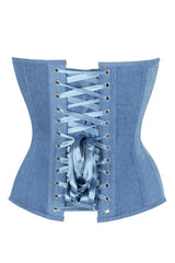 Top Drawer Steel Boned Blue Denim Plunge Neckline Overbust Corset - Daisy Corsets