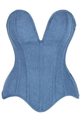 Top Drawer Steel Boned Blue Denim Plunge Neckline Overbust Corset - Daisy Corsets