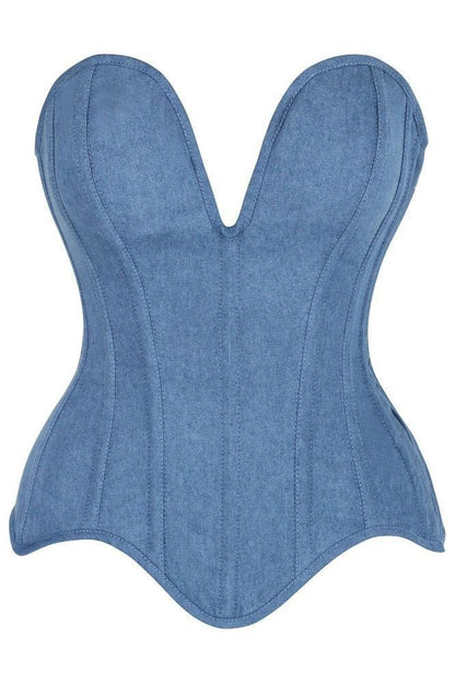 Top Drawer Steel Boned Blue Denim Plunge Neckline Overbust Corset - Daisy Corsets