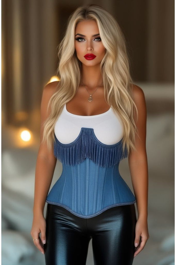Daisy Corsets LIMITED EDITION Top Drawer Steel Boned Blue Denim Underwire Underbust Corset Cincher w/Fringe
