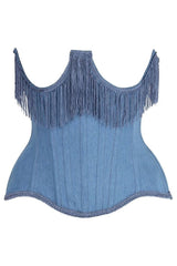 Daisy Corsets Top Drawer Steel Boned Blue Denim Underwire Underbust Corset Cincher w/Fringe