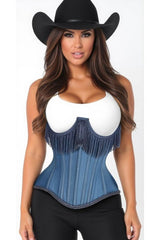 Daisy Corsets Top Drawer Steel Boned Blue Denim Underwire Underbust Corset Cincher w/Fringe