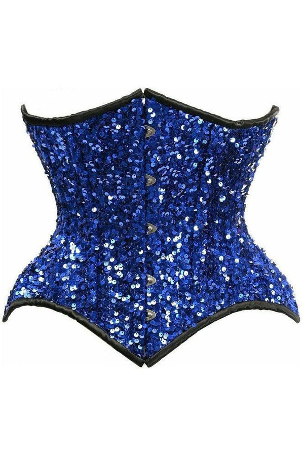 Daisy Corsets Top Drawer Steel Boned Blue Sequin Curvy Cut Waist Cincher Corset