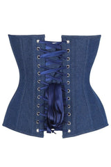 Daisy Corsets Top Drawer Steel Boned Dark Blue Denim Plunge Neckline Overbust Corset
