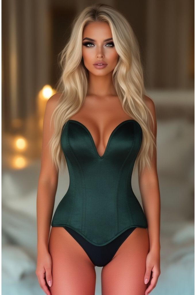 Daisy Corsets Top Drawer Steel Boned Dark Green Satin Plunge Neckline Overbust Corset
