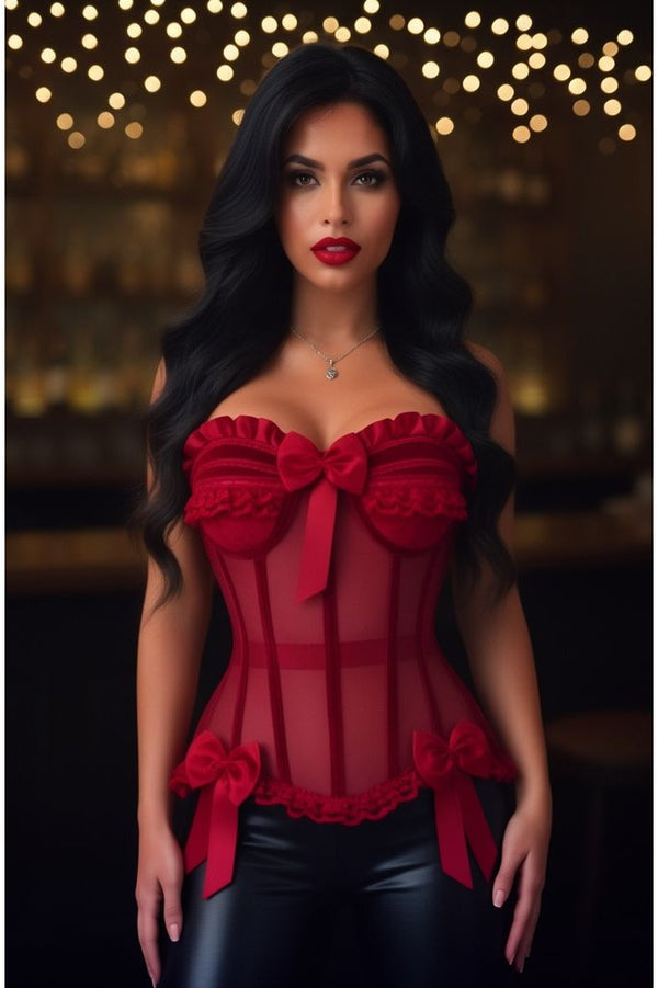 Daisy Corsets Top Drawer Steel Boned Dark Red Mesh & Velvet Underwire Bustier Corset