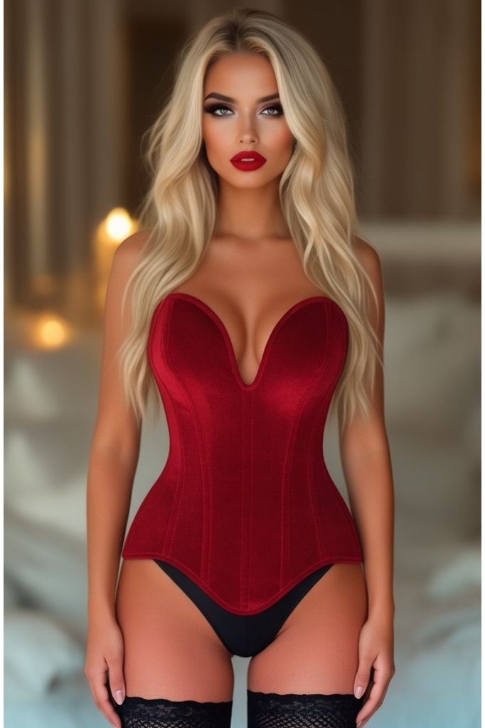 Daisy Corsets Top Drawer Steel Boned Dark Red Velvet Plunge Neckline Overbust Corset