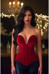 Daisy Corsets Top Drawer Steel Boned Dark Red Velvet Plunge Neckline Overbust Corset