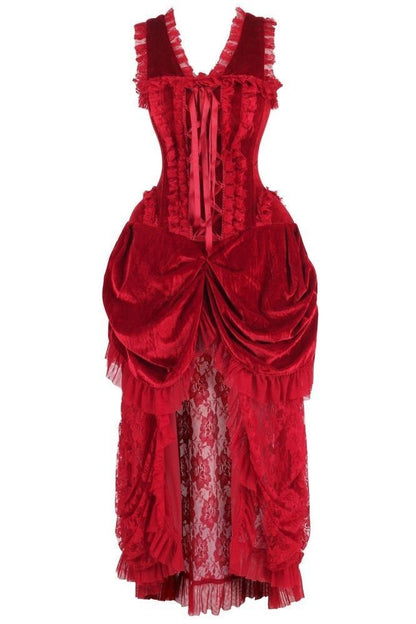 Top Drawer Steel Boned Dark Red Velvet Victorian Bustle Corset Dress - Daisy Corsets