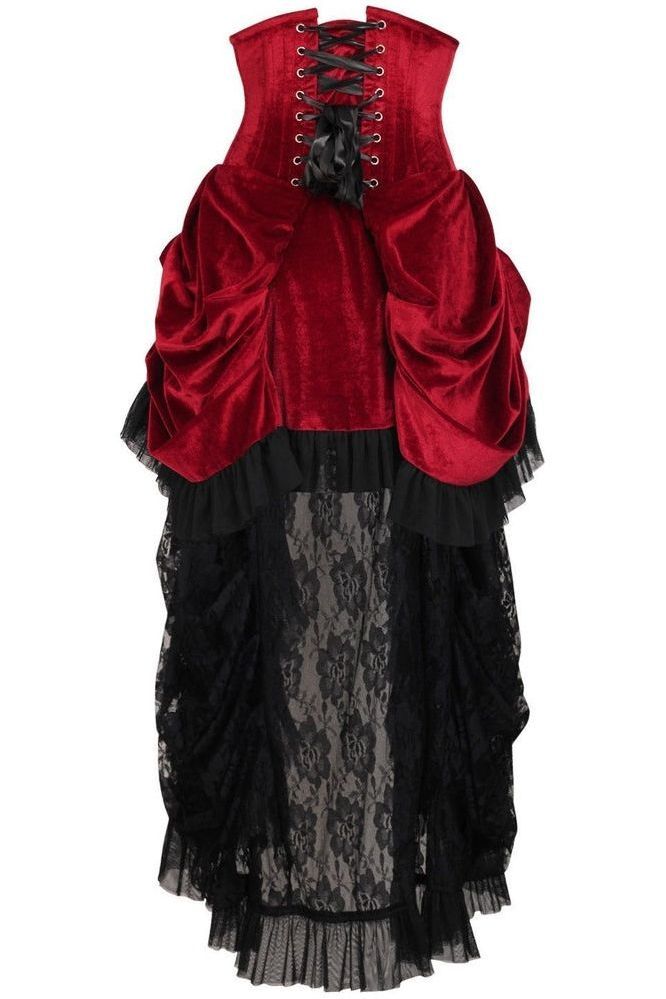 Top Drawer Steel Boned Dark Red Velvet Victorian Bustle Underbust Corset Dress - Daisy Corsets