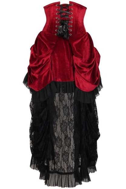 Top Drawer Steel Boned Dark Red Velvet Victorian Bustle Underbust Corset Dress - Daisy Corsets