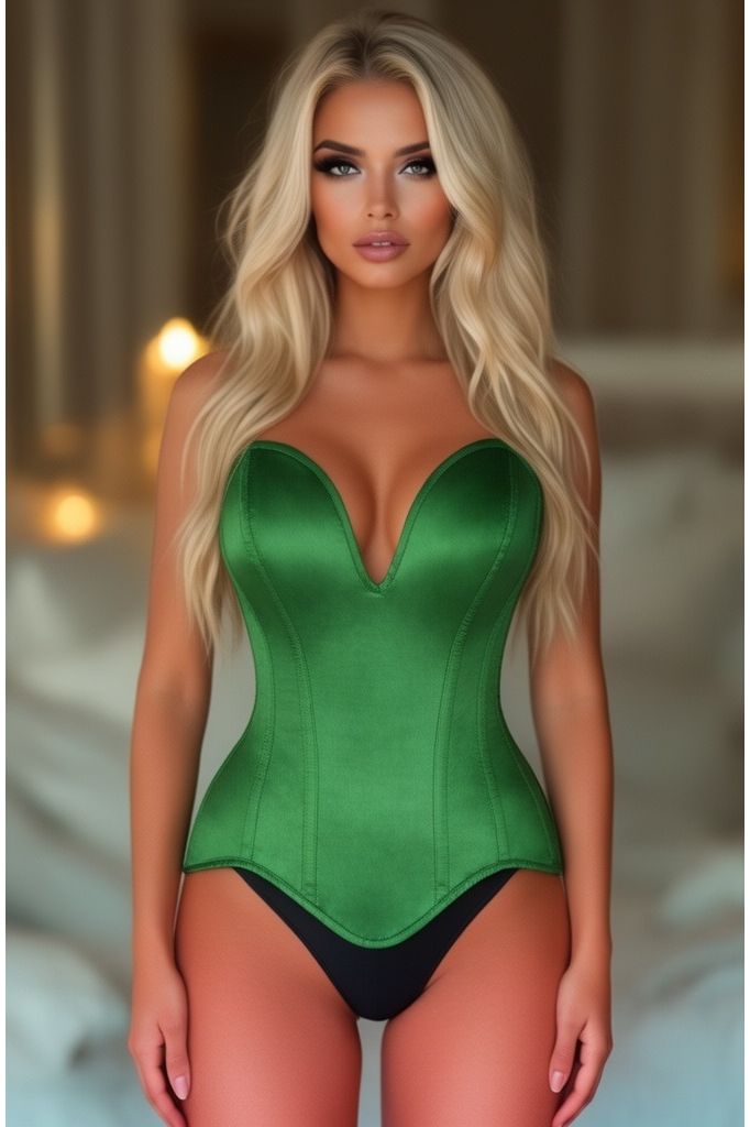 Daisy Corsets Top Drawer Steel Boned Green Satin Plunge Neckline Overbust Corset