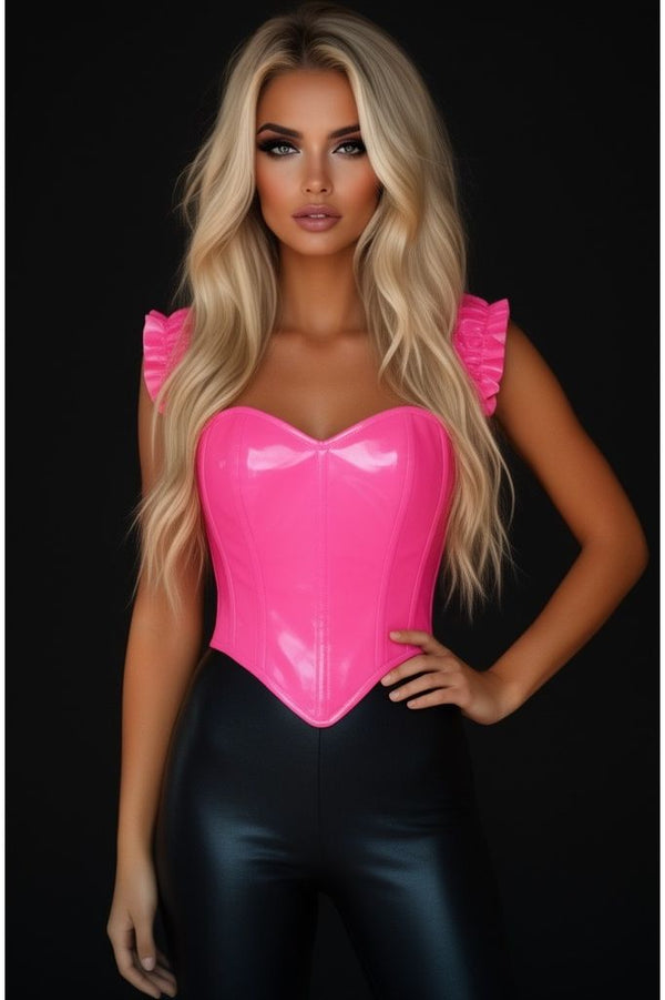 Daisy Corsets LIMITED EDITION Top Drawer Steel Boned Hot Pink Patent Ruffle Sleeve Bustier Corset