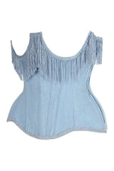 Daisy Corsets Top Drawer Steel Boned Light Blue Denim Underwire Underbust Corset Cincher w/Fringe