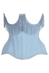 Daisy Corsets Top Drawer Steel Boned Light Blue Denim Underwire Underbust Corset Cincher w/Fringe