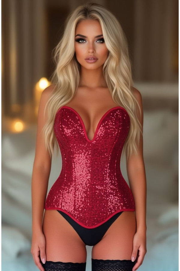 Daisy Corsets Top Drawer Steel Boned Red Sequin Plunge Neckline Overbust Corset