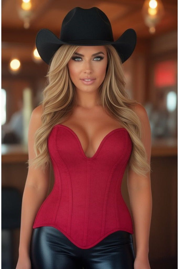 Daisy Corsets LIMITED EDITION Top Drawer Steel Boned Red Suede Deep Plunge Overbust Corset Top