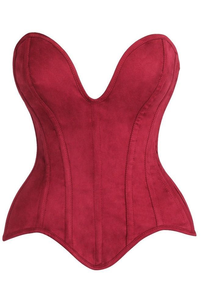 Daisy Corsets Top Drawer Steel Boned Red Suede Deep Plunge Overbust Corset Top