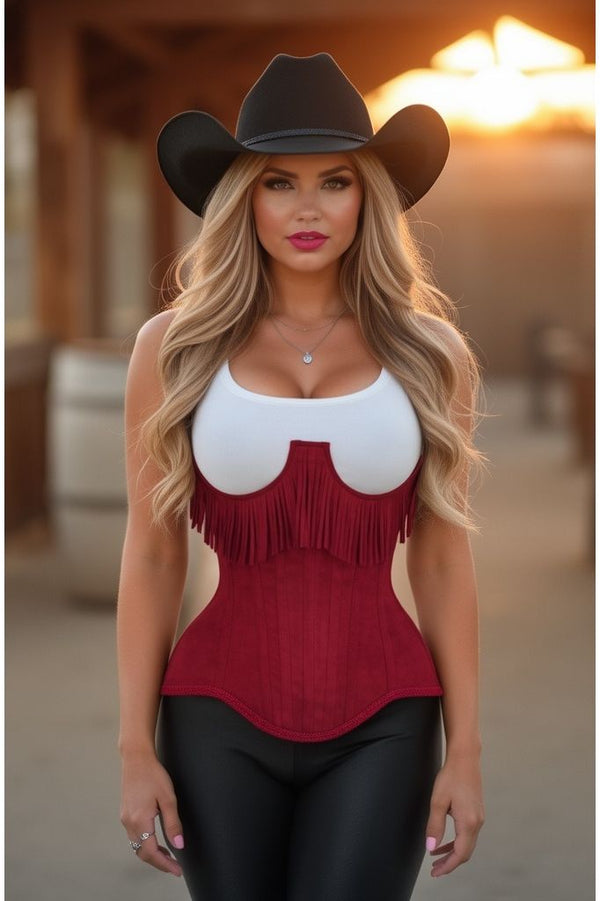 Daisy Corsets LIMITED EDITION Top Drawer Steel Boned Red Suede Underwire Underbust Corset Cincher w/Fringe