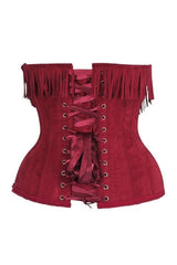 Daisy Top Drawer Steel Boned Red Suede Underwire Underbust Corset Cincher w/ Fringe