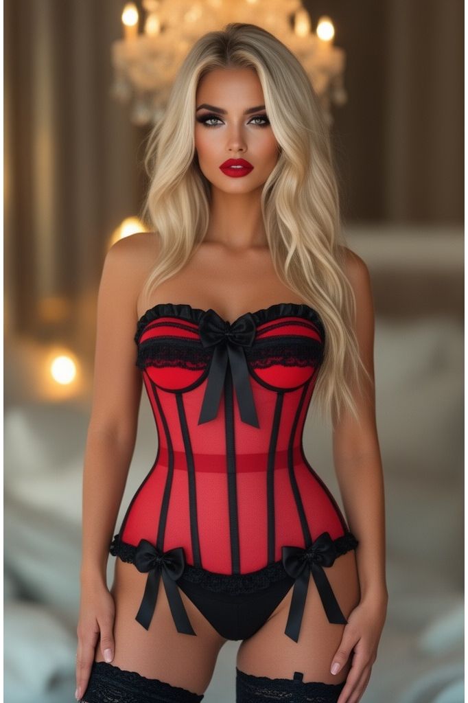 Daisy Corsets Top Drawer Steel Boned Red/Black Mesh Underwire Bustier Corset