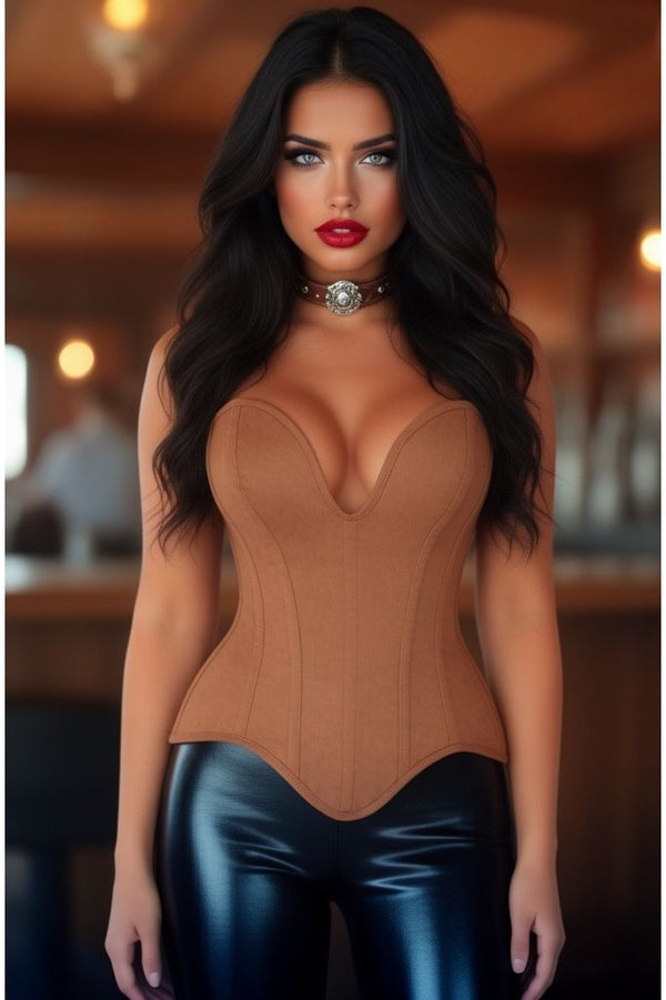 Daisy Corsets LIMITED EDITION Top Drawer Steel Boned Tan Suede Deep Plunge Overbust Corset Top