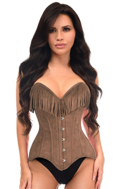Daisy Corsets Top Drawer Tan Suede Steel Boned Overbust Corset w/Fringe