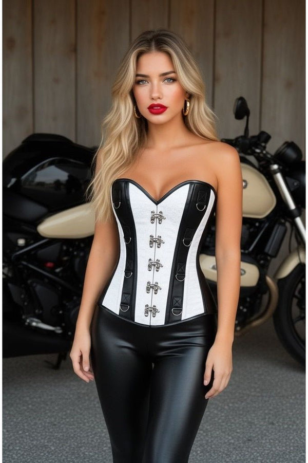 Daisy Corsets Top Drawer White Brocade & Faux Leather Steel Boned Corset