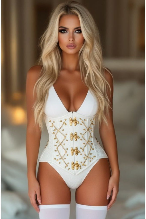 Daisy Corsets Top Drawer White Brocade & Gold Spikes Steel Boned Underbust Corset