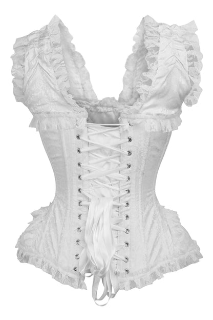 Top Drawer White Brocade & Lace Steel Boned Corset w/Cap Sleeves - Daisy Corsets