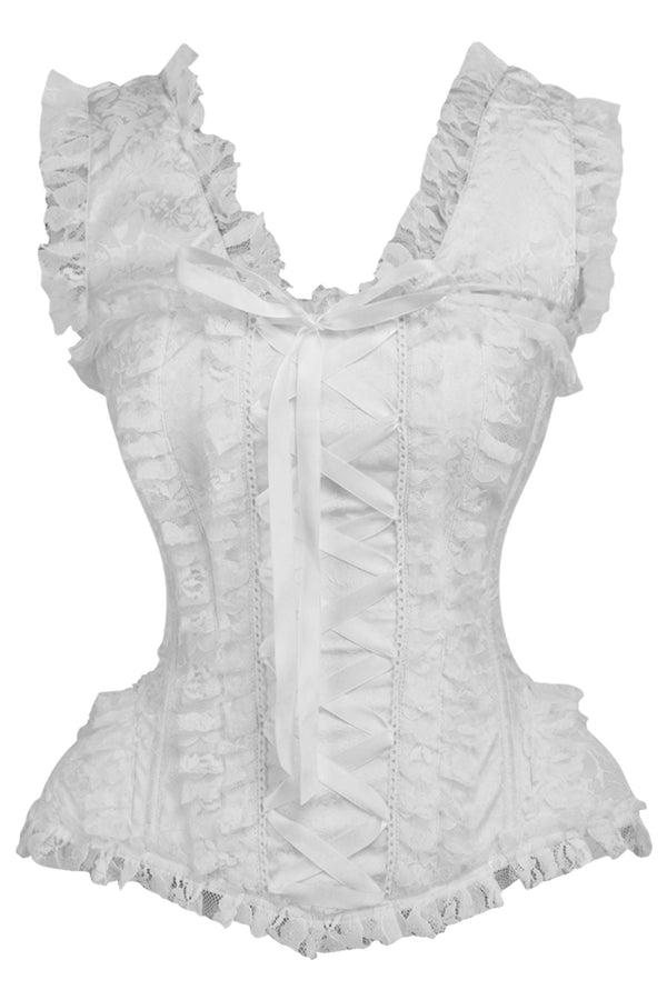 Daisy Corsets LIMITED EDITION Top Drawer White Brocade & Lace Steel Boned Corset w/Cap Sleeves