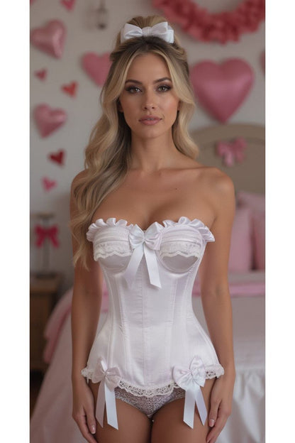 Top Drawer White Satin Steel Boned Burlesque Corset - Daisy Corsets