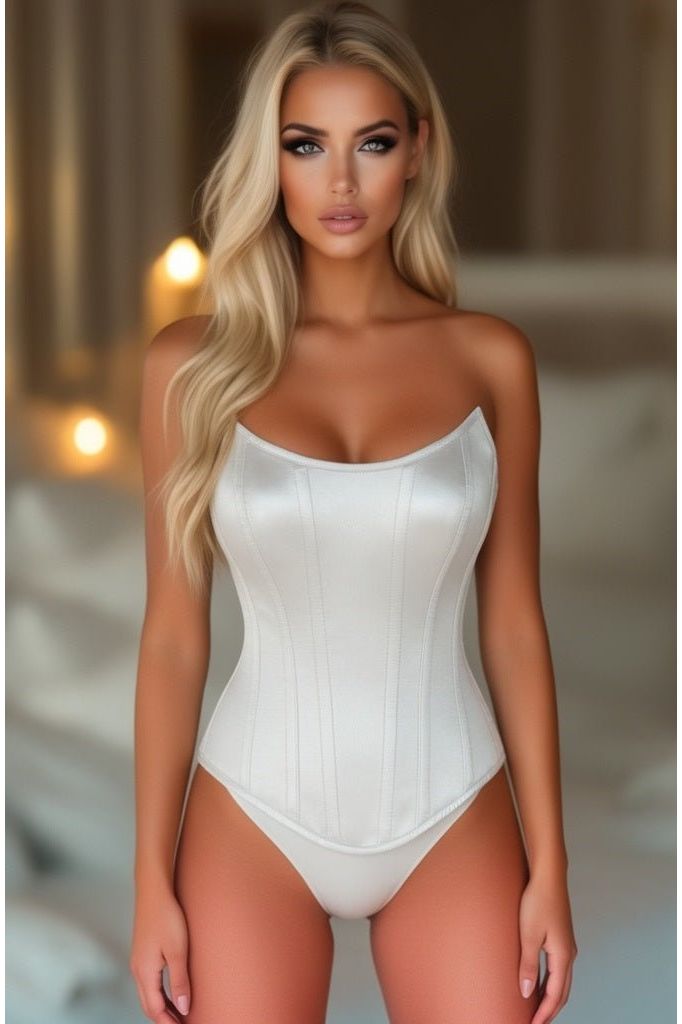 Daisy Corsets Top Drawer White Satin Steel Boned Overbust Corset w/Side Zipper