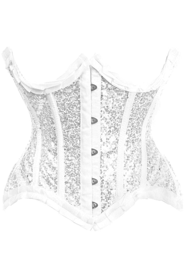 Daisy Corsets Top Drawer White/Silver Satin & Sequin Underwire Curvy Cut Steel Boned Waist Cincher Corset