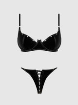 Trinity Patent Bra & Lace Up Crotchless Panty Set Black
