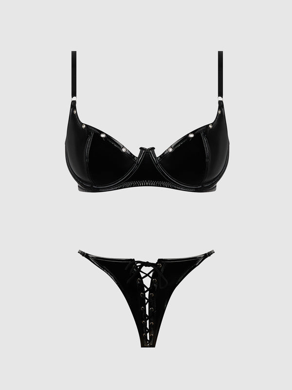 House of Desire Trinity Patent Bra & Lace Up Crotchless Panty Set Black