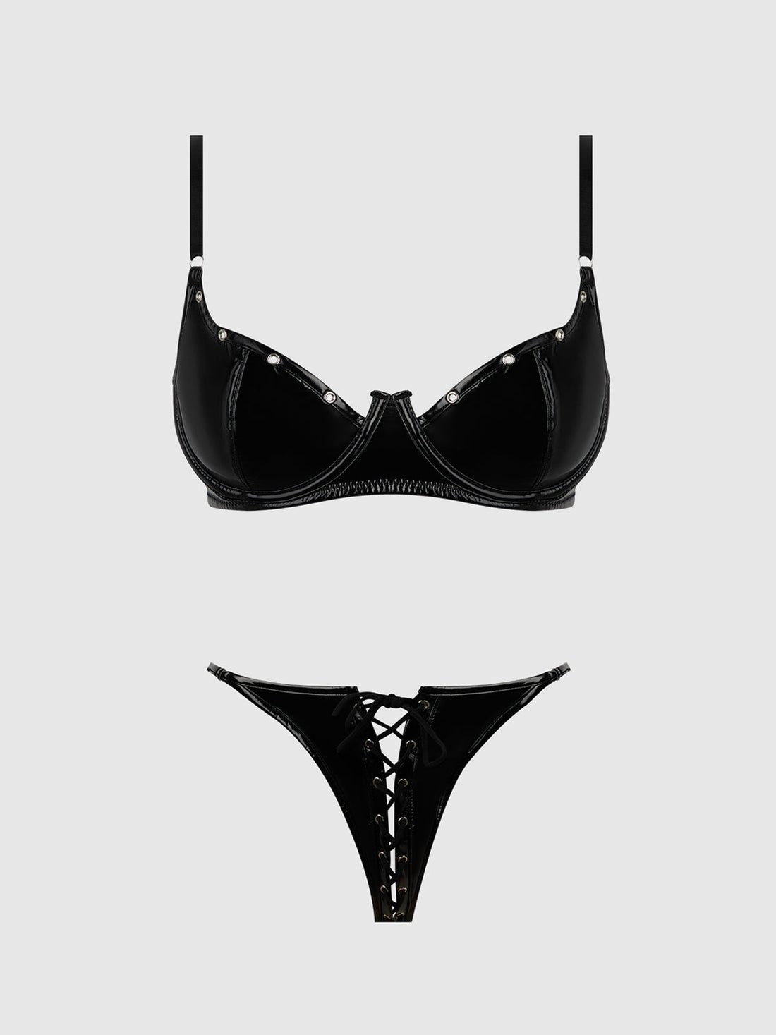 House of Desire Queen Trinity Patent Bra & Lace Up Crotchless Panty Set Black