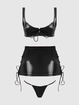 Trinity Patent Lace Up Bralette, Skirt & G-String Set