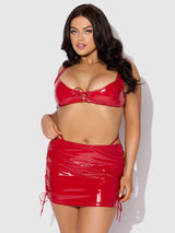 House of Desire Queen Trinity Patent Lace Up Bralette, Skirt & G-String Set Red