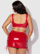 House of Desire Queen Trinity Patent Lace Up Bralette, Skirt & G-String Set Red