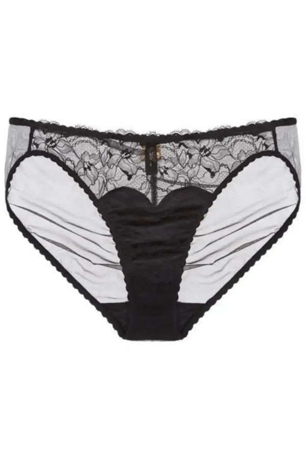 Black Tryst Leavers Lace Sheer Bikini Panty with ruched center seam and sheer back tulle.