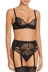 Dita Von Teese Tryst black Leavers lace bikini panty with sheer back tulle and garter straps.