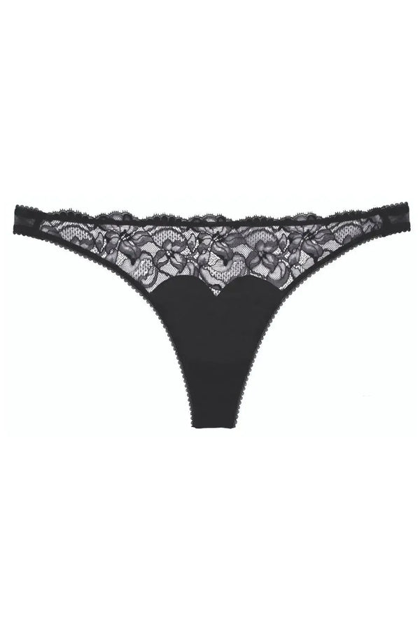 Black Tryst Leavers Lace Sheer G-String Panty with luxurious floral lace and minimal coverage.