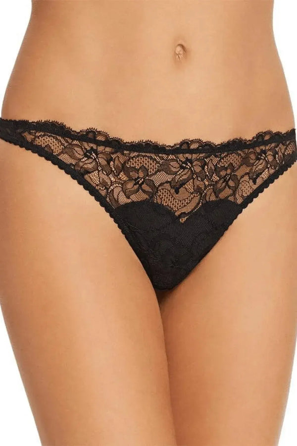 Black Tryst Leavers Lace sheer G-string panty with elegant floral lace and minimal coverage.