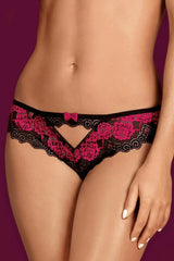 Sexy black and pink Tulia Lace Cheekini with floral pattern, tempting cut, and pink bow.